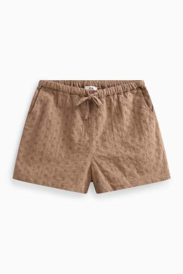 Damen - Shorts - Mid Waist - Broderie Anglaise - hellbraun