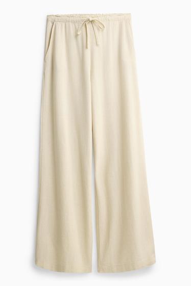 Damen - Stoffhose mit Leinen-Anteil - High Waist - Wide Leg - cremefarben