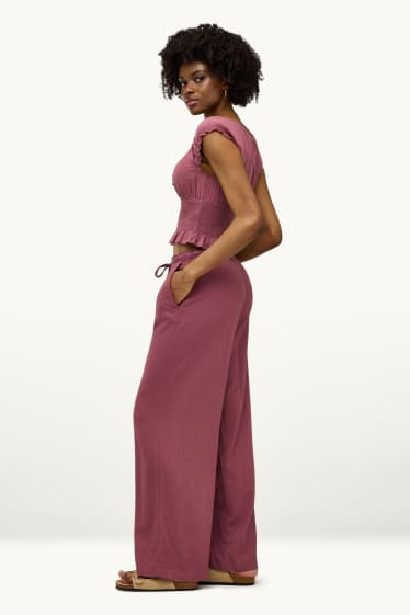 Damen - Stoffhose mit Leinen-Anteil - High Waist - Wide Leg - dunkelrot