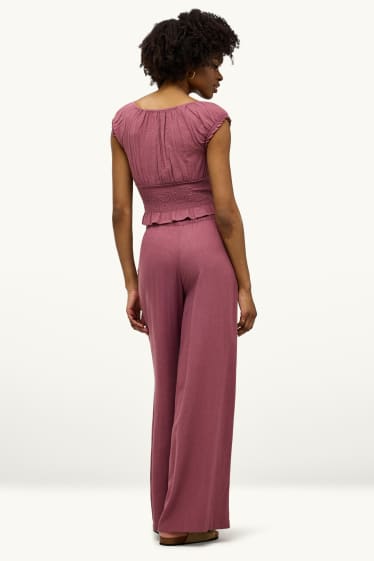 Damen - Stoffhose mit Leinen-Anteil - High Waist - Wide Leg - dunkelrot