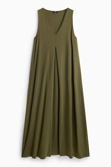 Women - V-neck A-line dress - khaki