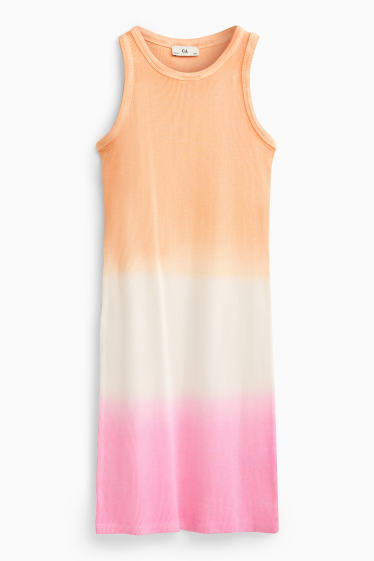 Kinder Mädchen - Kleid - gerippt - gemustert - weiss / orange