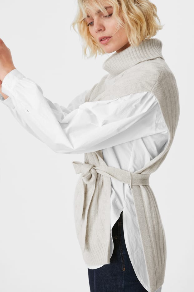 Damen - Kaschmir-Weste mit Bindegürtel - hellgrau-melange