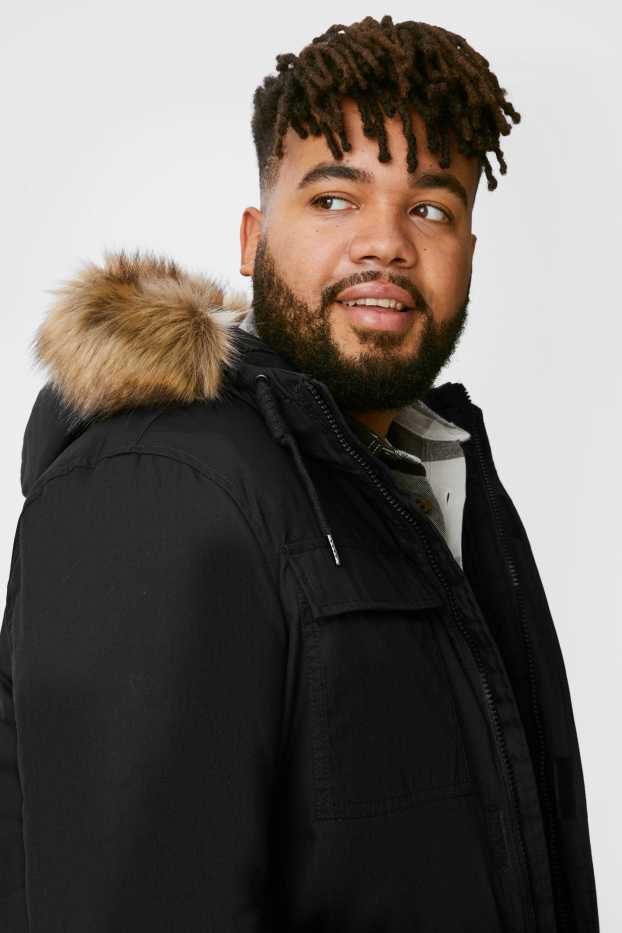 Pánské - CLOCKHOUSE - parka s kapucí a límcem z umělé kožešiny - černá