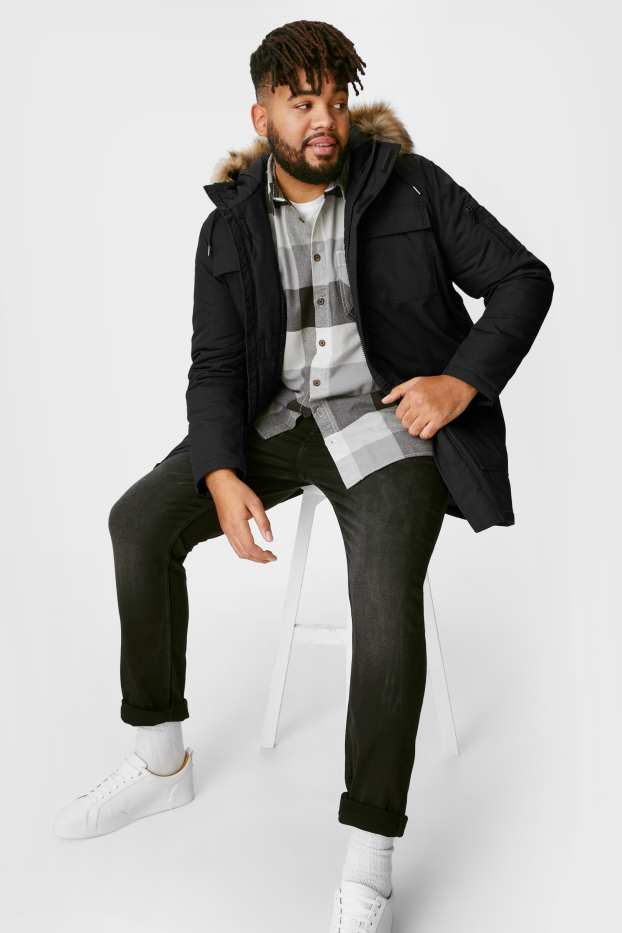 Pánské - CLOCKHOUSE - parka s kapucí a límcem z umělé kožešiny - černá