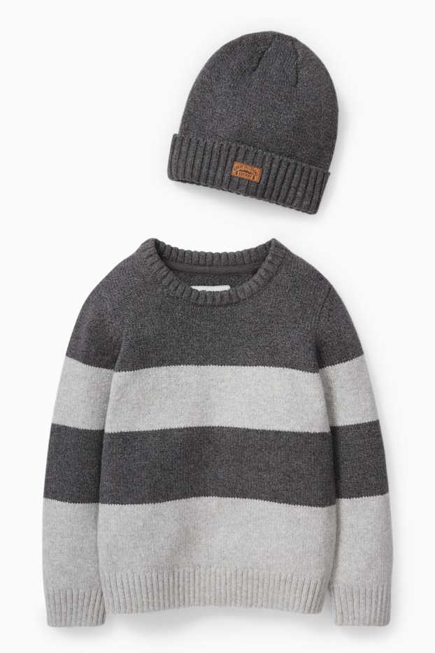 Kinder Jungen - Set - Pullover und Mütze - 2 teilig - grau-melange