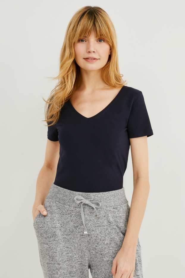 Femmes - Lot de 2 - T-shirt basique - bleu foncé / blanc