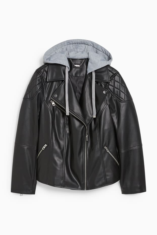 Donna - Giacca motociclista con cappuccio - similpelle - nero