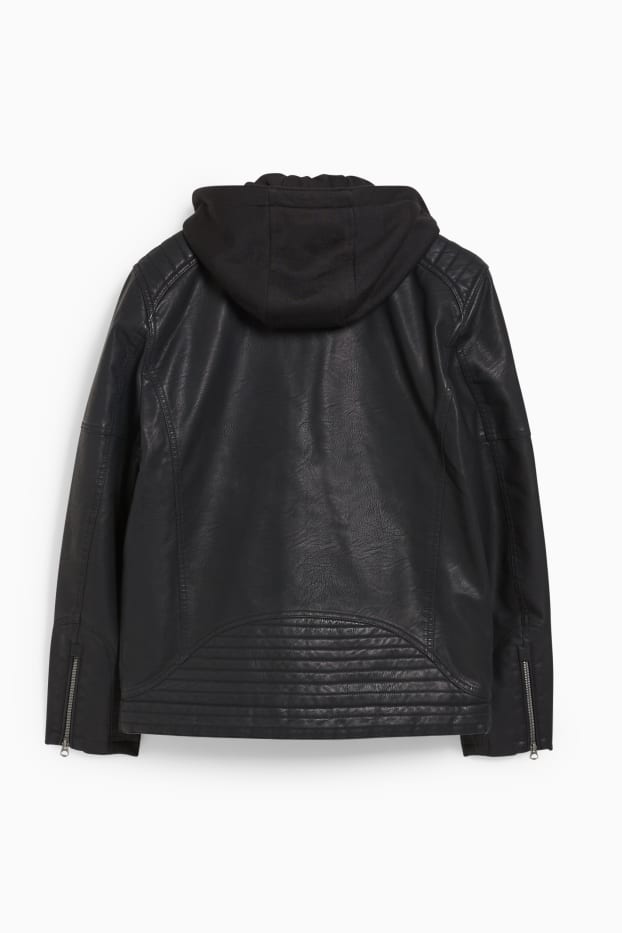 Uomo - Giacca motociclista con cappuccio - similpelle - nero