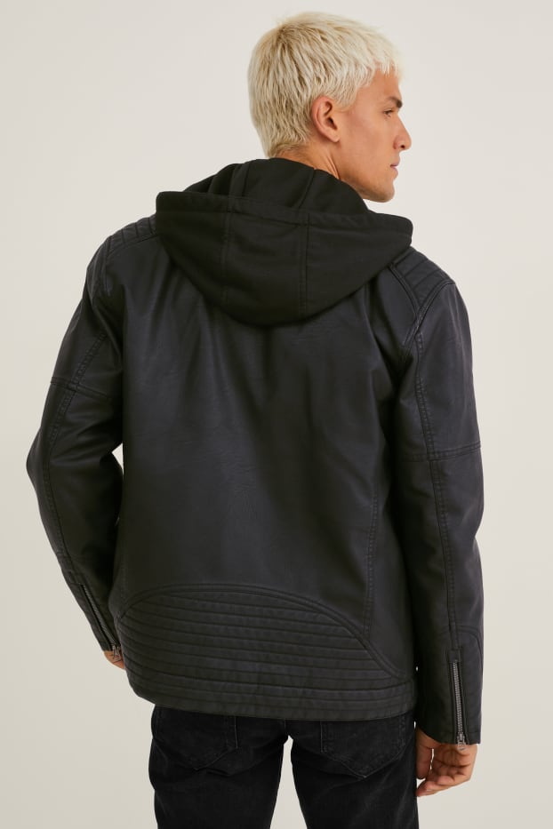 Uomo - Giacca motociclista con cappuccio - similpelle - nero