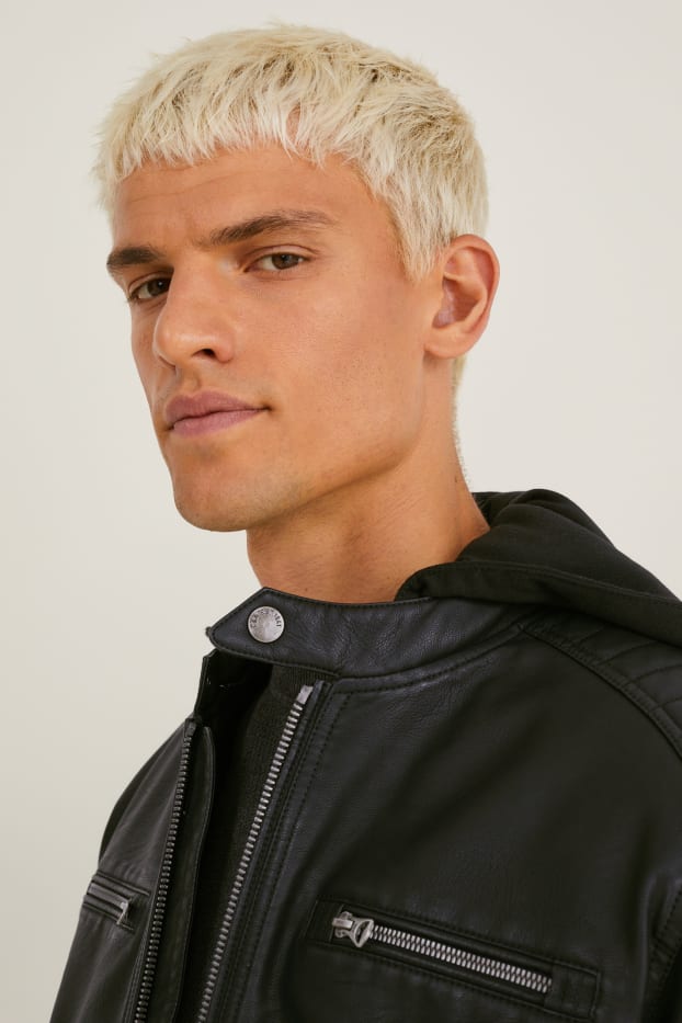 Uomo - Giacca motociclista con cappuccio - similpelle - nero