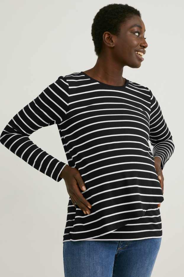 Donna - Maglia a maniche lunghe per allattamento - a righe - nero / bianco