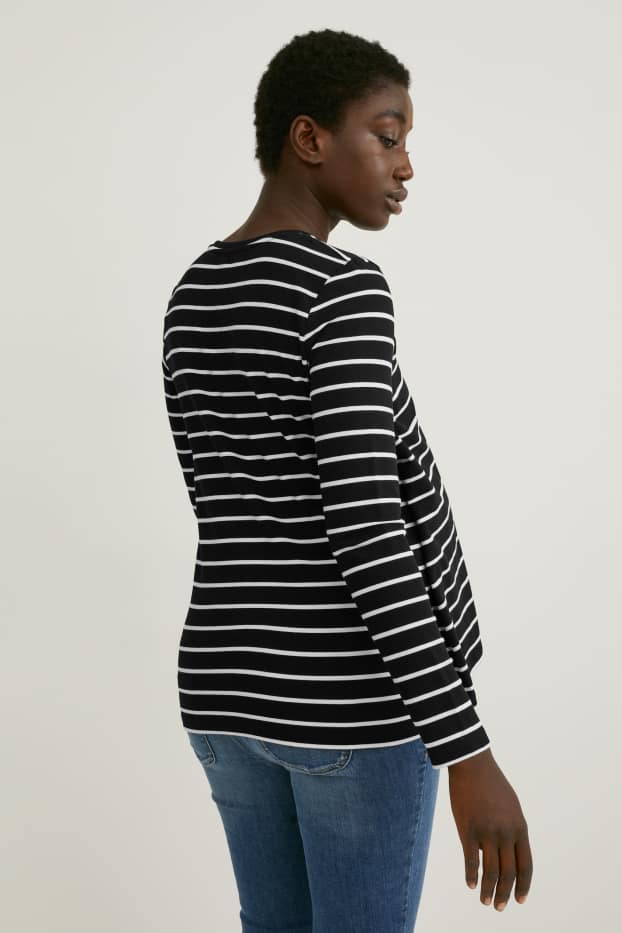 Donna - Maglia a maniche lunghe per allattamento - a righe - nero / bianco