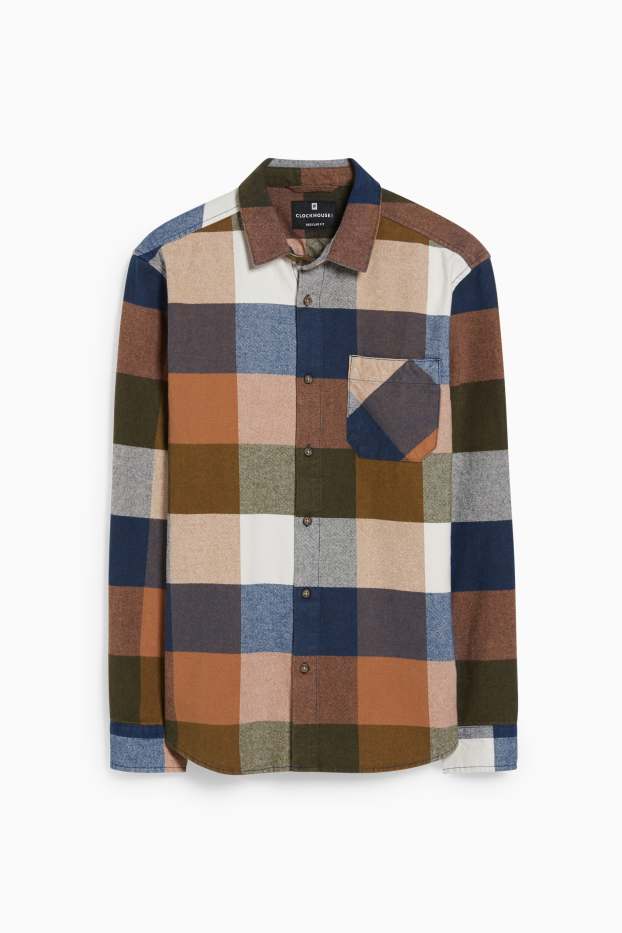Uomo - CLOCKHOUSE - camicia di flanella - regular fit - collo all'italiana - a quadretti - marrone / blu
