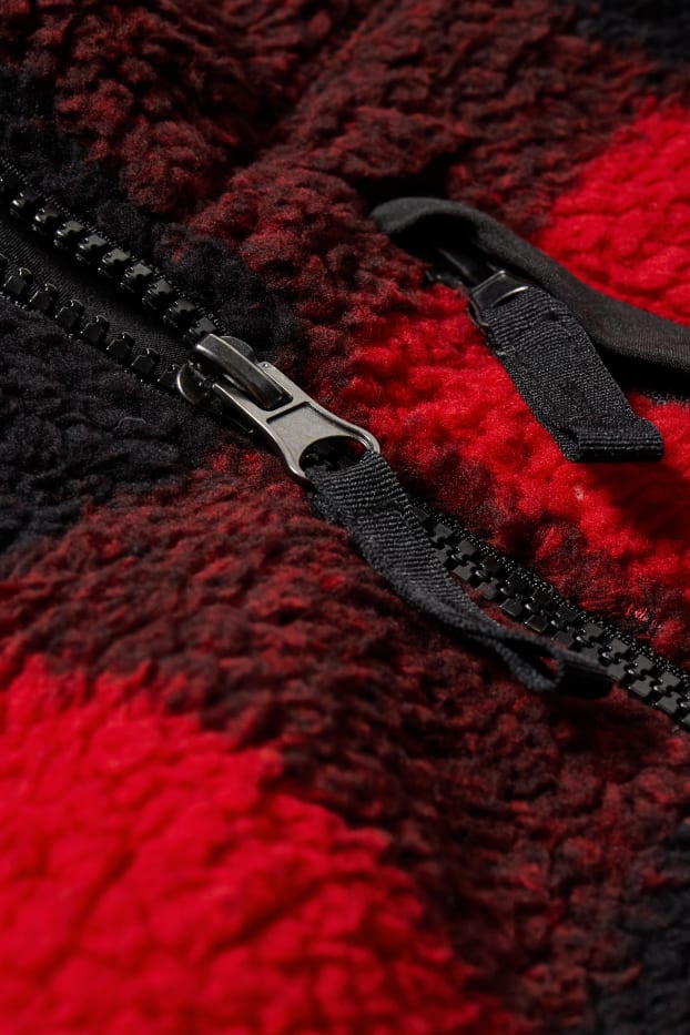 Pánské - Teddy bunda - kostkovaná - červená/černá