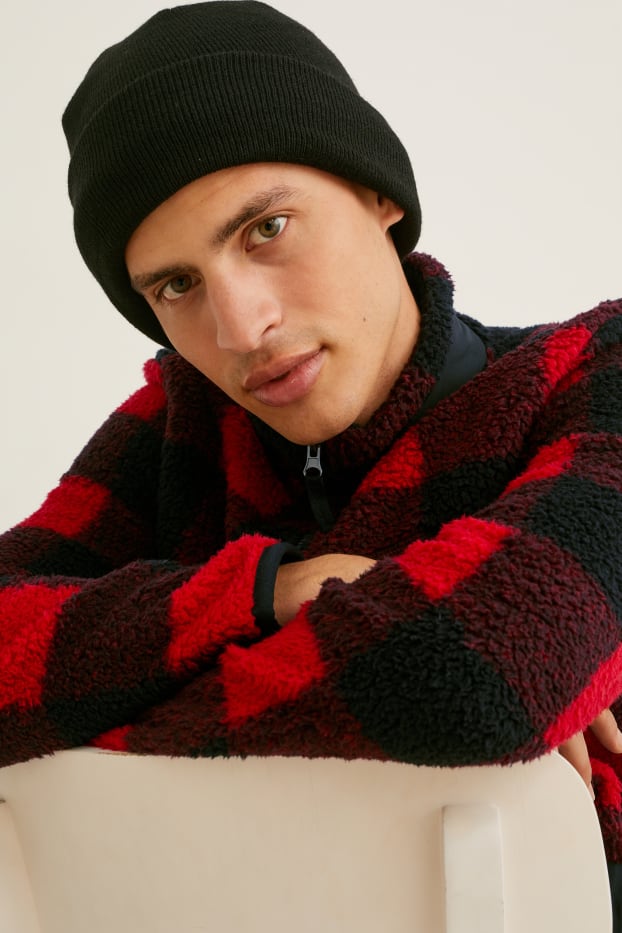 Pánské - Teddy bunda - kostkovaná - červená/černá