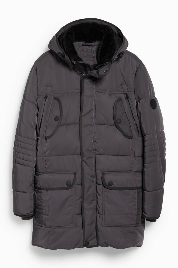 Men - Parka with hood and faux fur trim - winter - dark gray