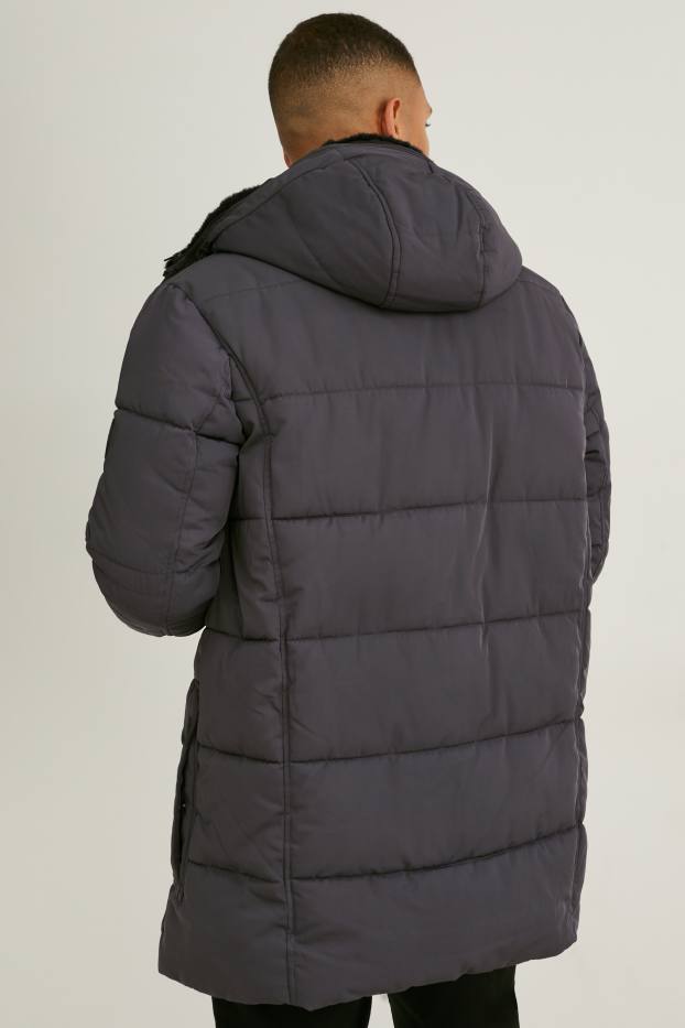 Men - Parka with hood and faux fur trim - winter - dark gray