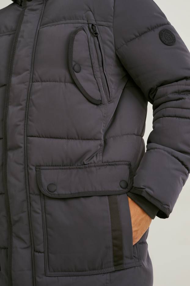 Men - Parka with hood and faux fur trim - winter - dark gray