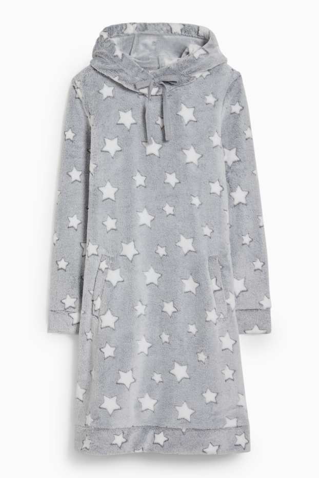 Femmes - Haut long en polaire à capuche - à motif - gris clair