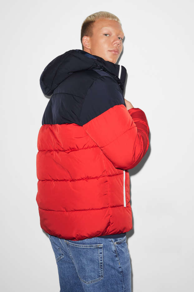 Men - CLOCKHOUSE - quilted jacket with hood - red / dark blue