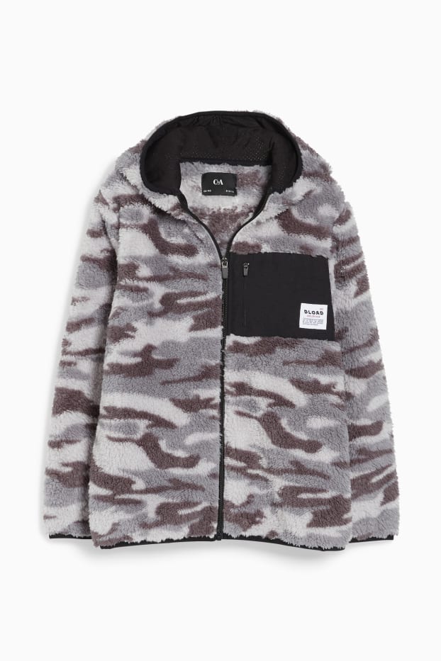 Children Boys - Teddy fur jacket with hood - patterned - gray-melange