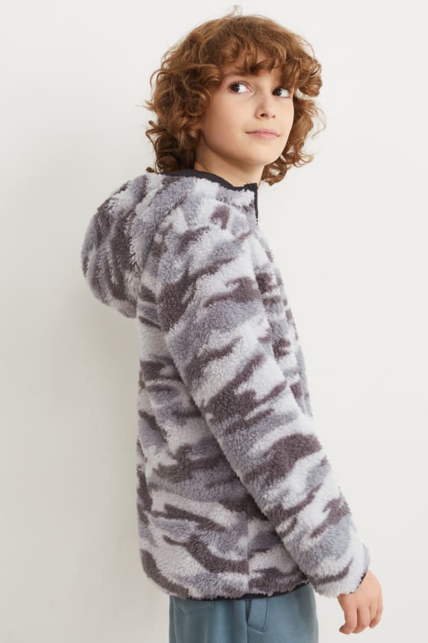Children Boys - Teddy fur jacket with hood - patterned - gray-melange