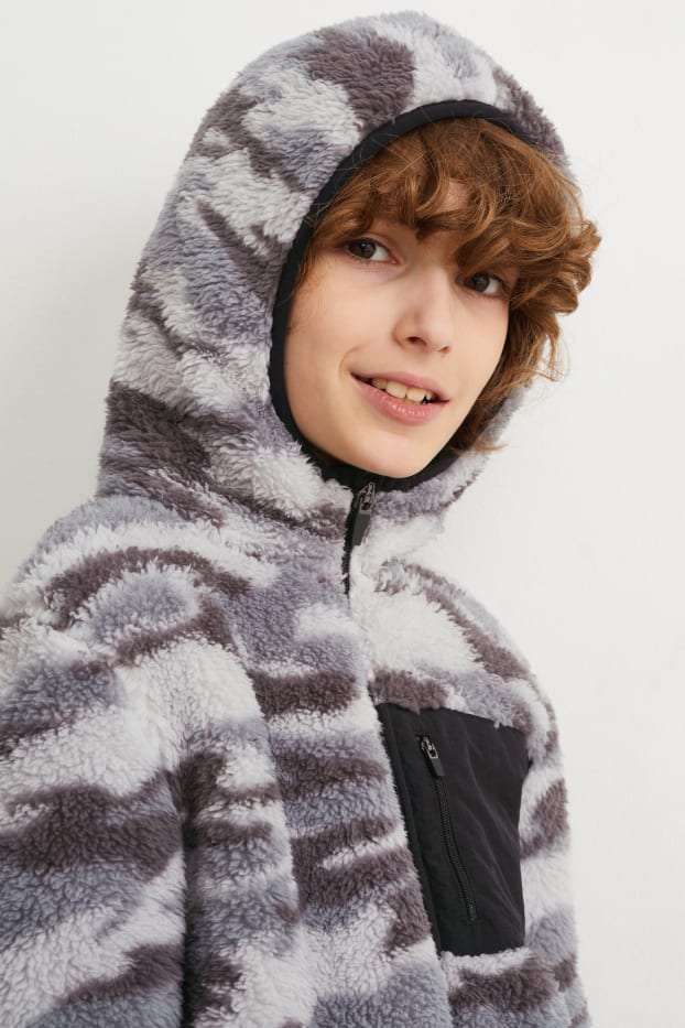 Children Boys - Teddy fur jacket with hood - patterned - gray-melange