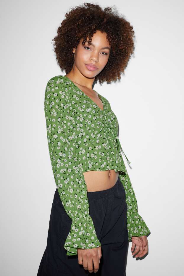 Femei - CLOCKHOUSE - bluză crop - cu flori - verde deschis