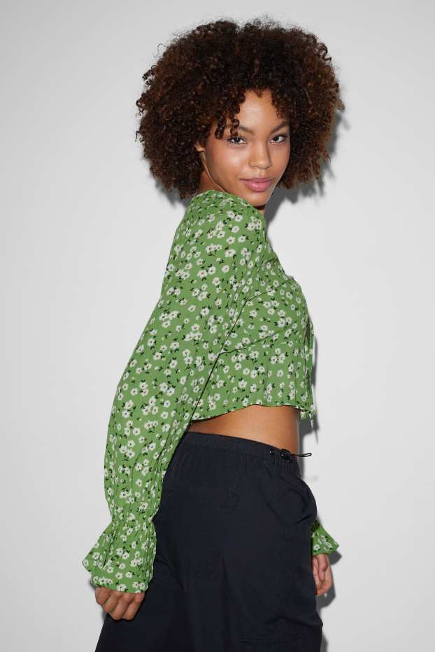 Femei - CLOCKHOUSE - bluză crop - cu flori - verde deschis