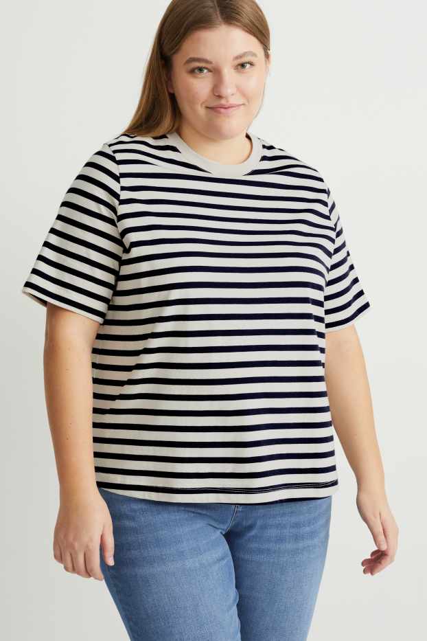 Damen - T-Shirt - gestreift - blau / cremefarben