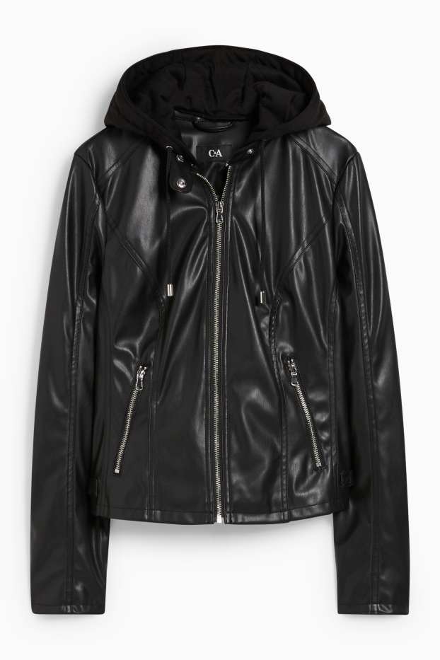 Donna - Giacca con cappuccio - similpelle - nero
