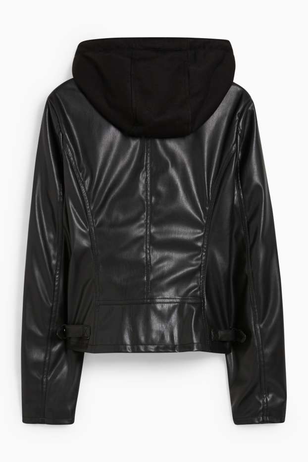 Donna - Giacca con cappuccio - similpelle - nero