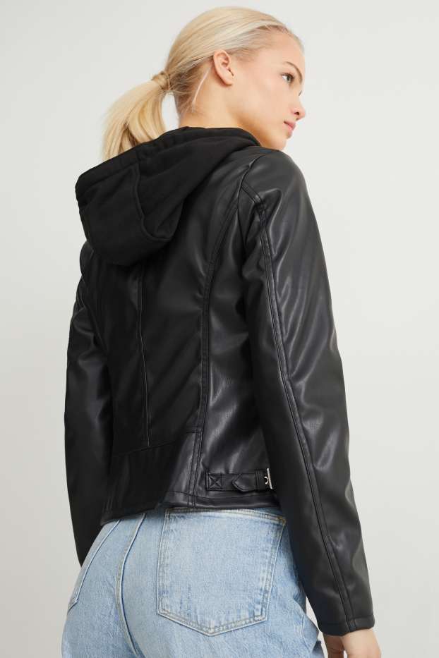 Donna - Giacca con cappuccio - similpelle - nero