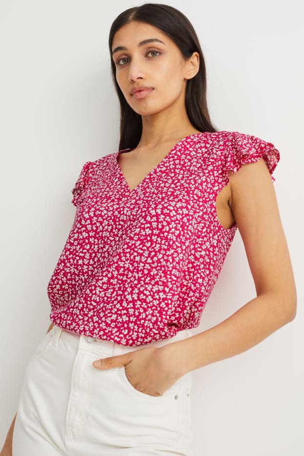 Dames - Blouse - gebloemd - donker rose