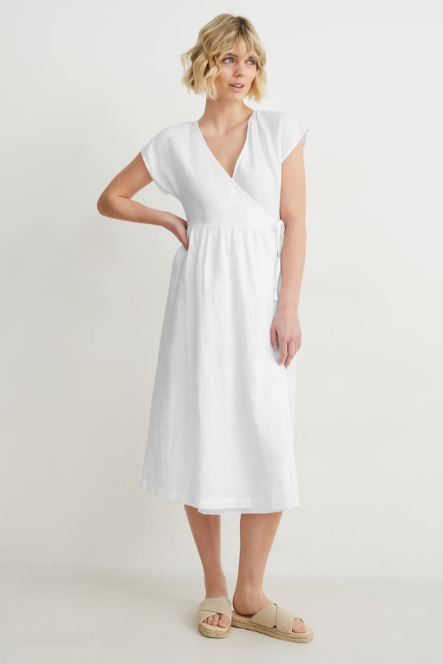 Damen - Leinen-Wickelkleid - weiss