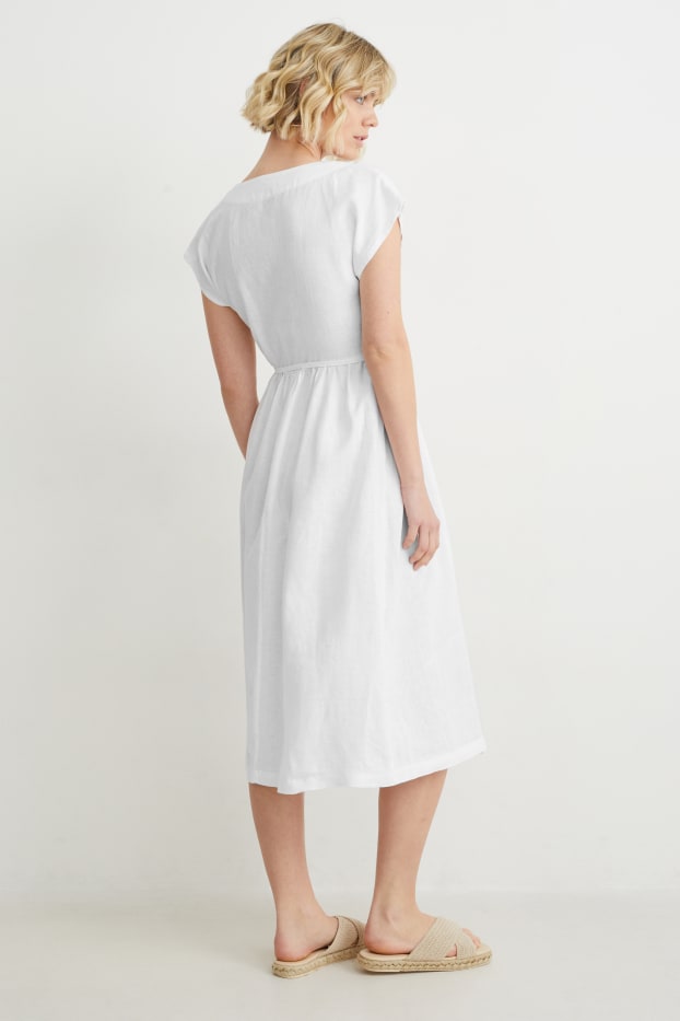 Damen - Leinen-Wickelkleid - weiss