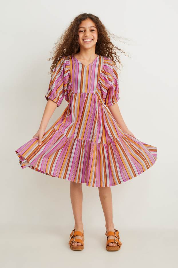 Children Girls - Dress - striped - pink