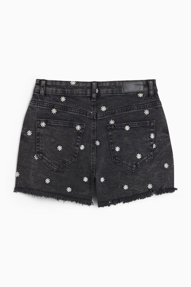 Damen - Jeans-Shorts - High Waist - geblümt - dunkeljeansgrau