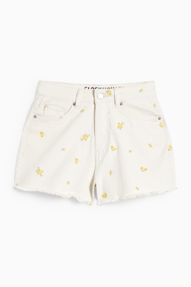 Femei - CLOCKHOUSE - pantaloni scurți de blugi - talie înaltă - cu flori - bej deschis