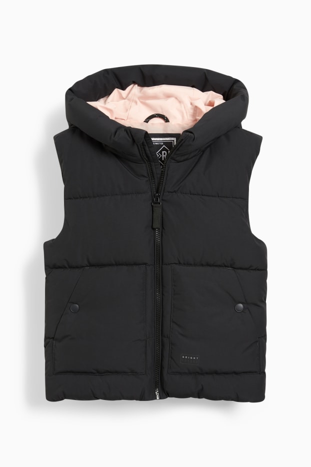 Kinderen: meisjes - Gewatteerde bodywarmer met capuchon - waterdicht - zwart