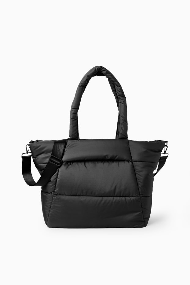 Femei - Geantă shopper matlasată, mare, cu curea detașabilă - negru