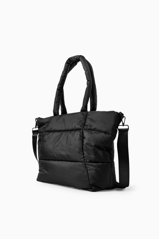 Femei - Geantă shopper matlasată, mare, cu curea detașabilă - negru