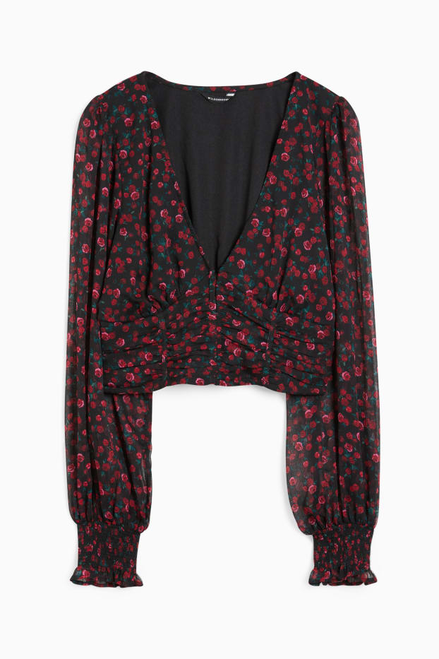 Donna - Blusa dal taglio corto - a fiori - nero