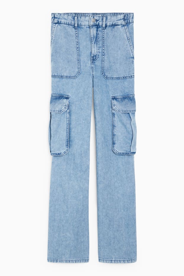 Women - Straight cargo jeans - high waist - denim-light blue