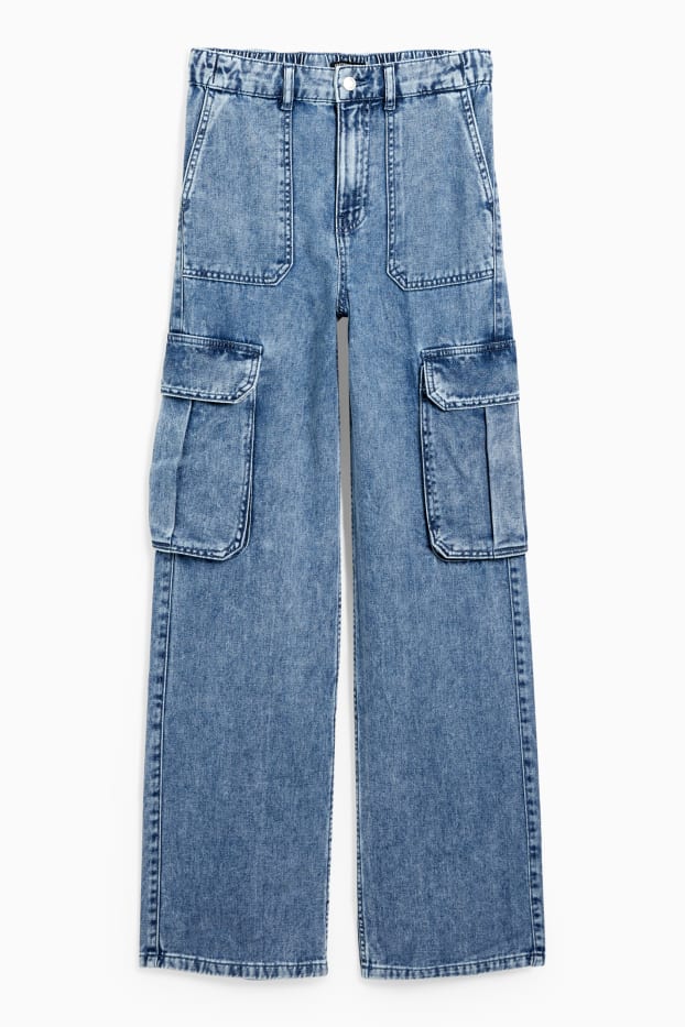 Women - Straight cargo jeans - high waist - blue denim