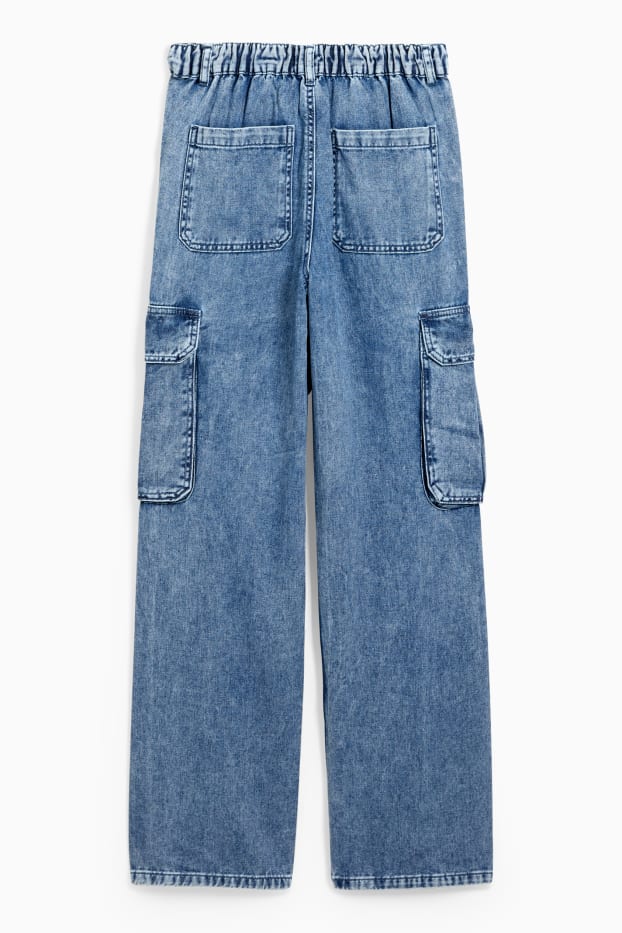 Women - Straight cargo jeans - high waist - blue denim