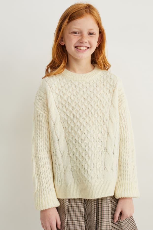 Kinder Mädchen - Pullover - Zopfmuster - cremeweiss