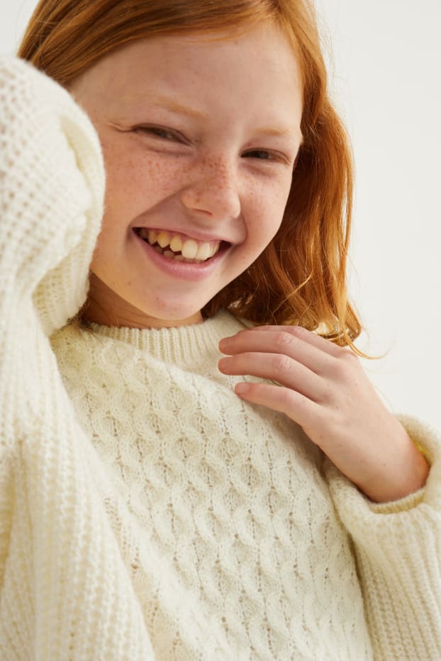 Kinder Mädchen - Pullover - Zopfmuster - cremeweiss