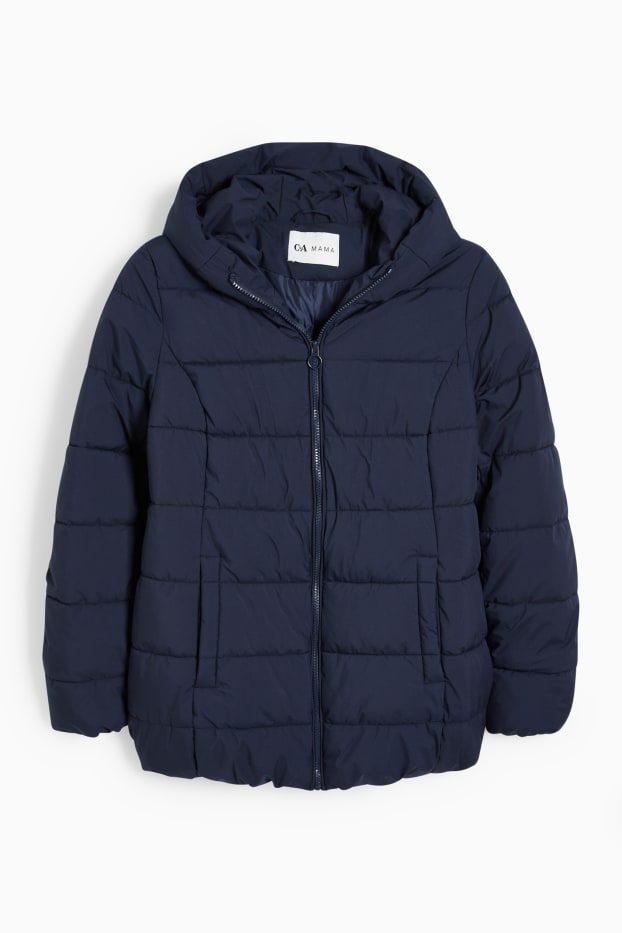 Women - Maternity quilted jacket with hood and baby pouch - dark blue